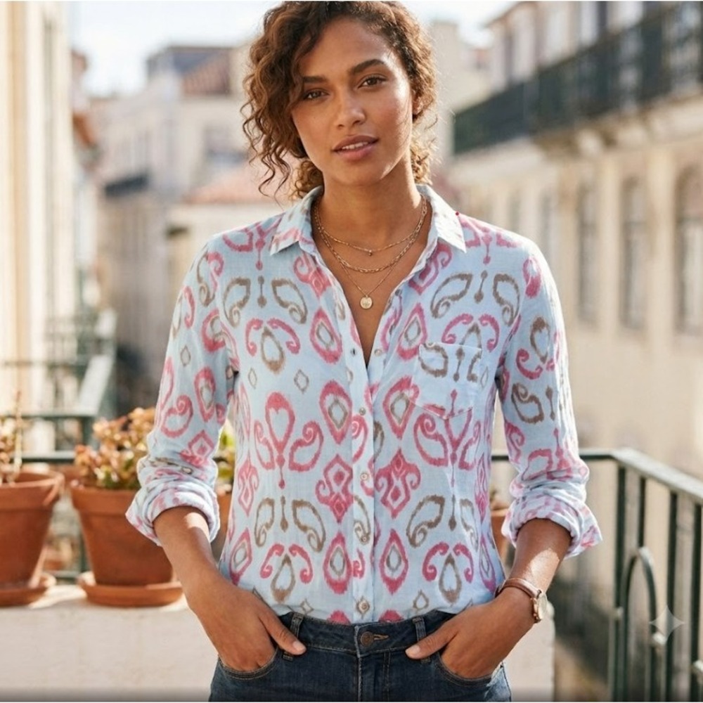 Fresh Produce Women Pink Ikat Paisley Cotton Button Down Shirt Small Made in USA